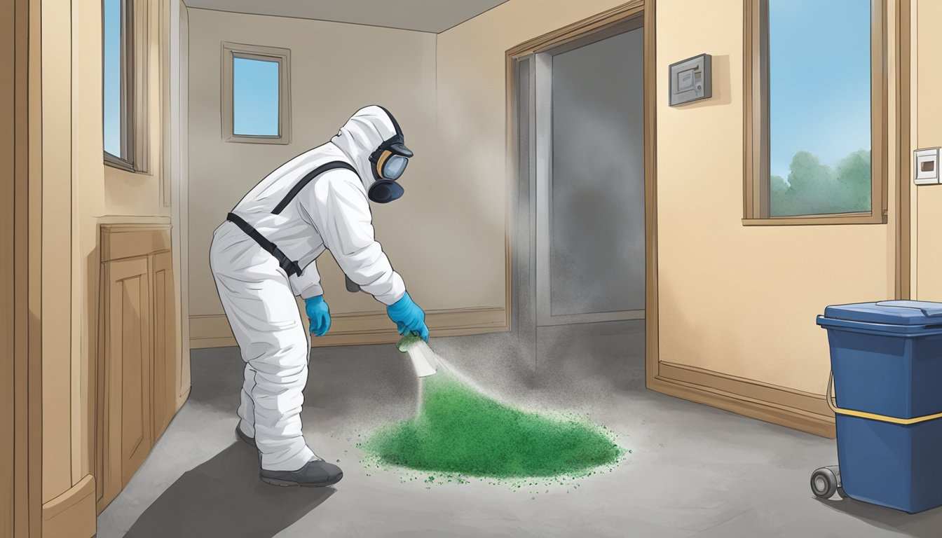 A technician in protective gear removes mold-infested materials from a home. A containment area is set up, and air scrubbers are running to remove spores