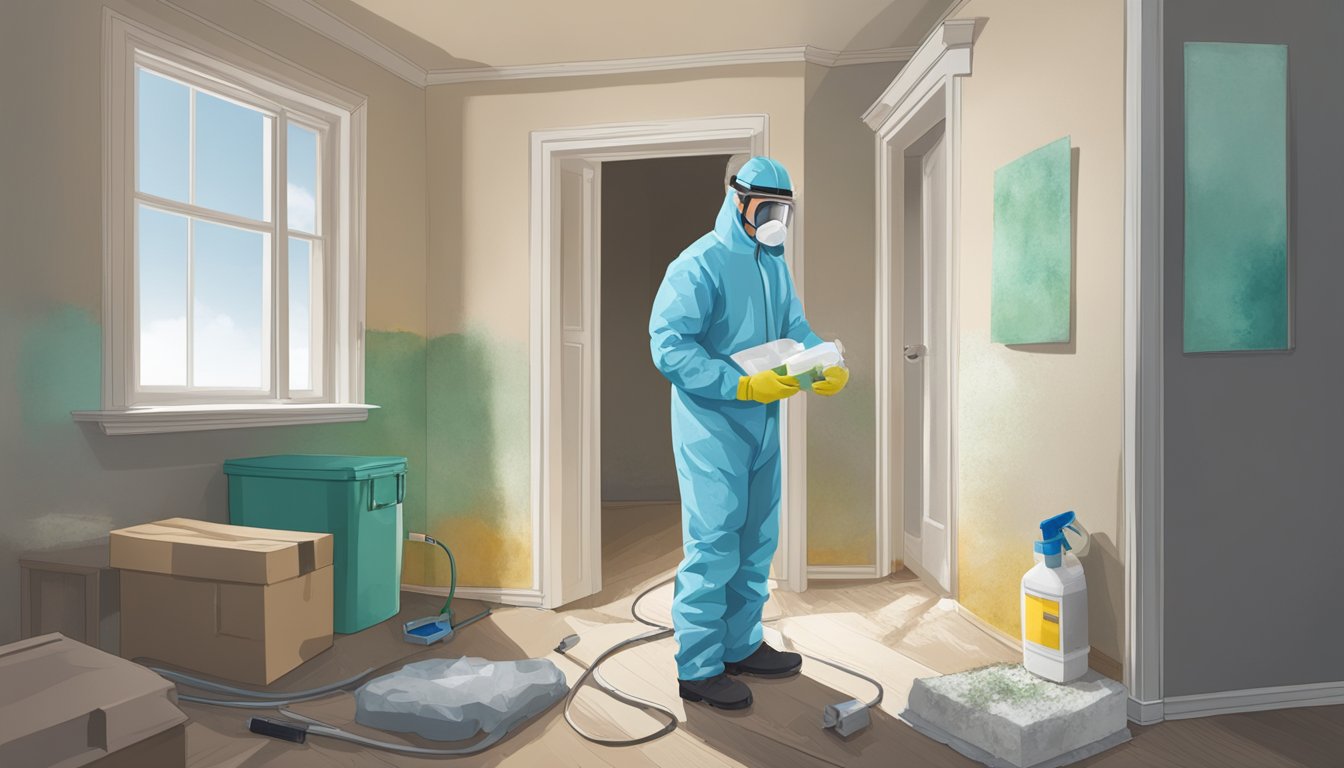 A home with visible mold growth in corners and on walls, with a person holding a mold testing kit. A professional mold remediation team in protective gear stands ready to intervene