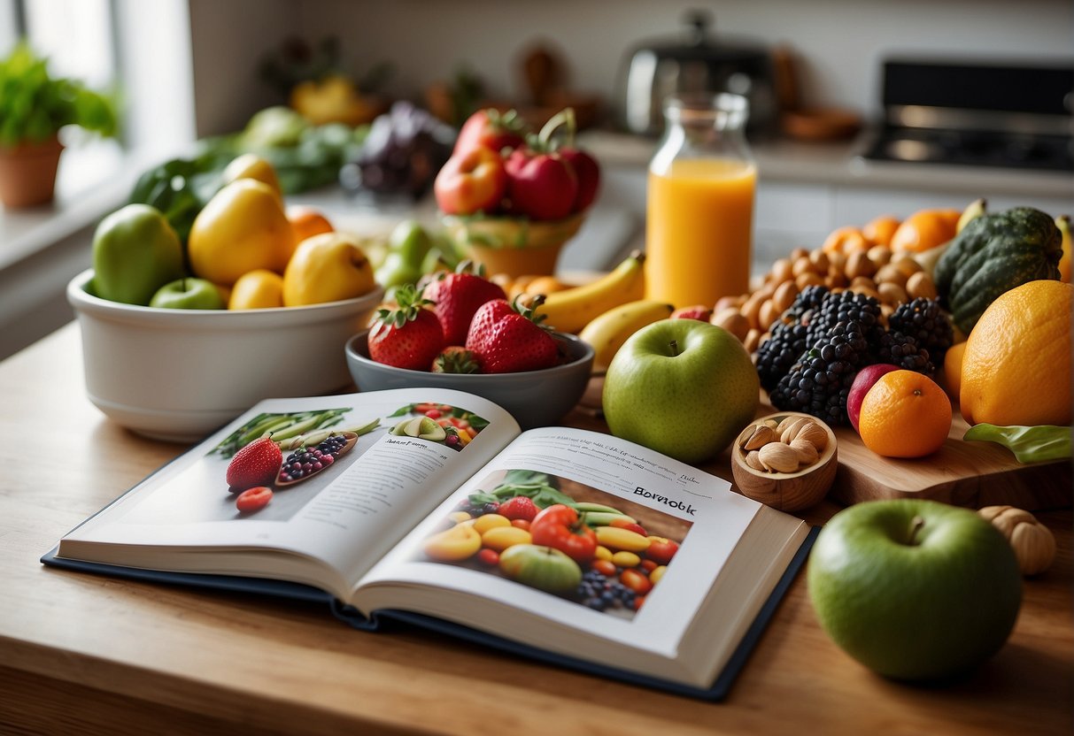 A vibrant kitchen scene with an array of colorful fruits, vegetables, nuts, and seeds displayed on a counter, with a cookbook open to a page featuring Dr. Fuhrman's 100 best foods for health and longevity