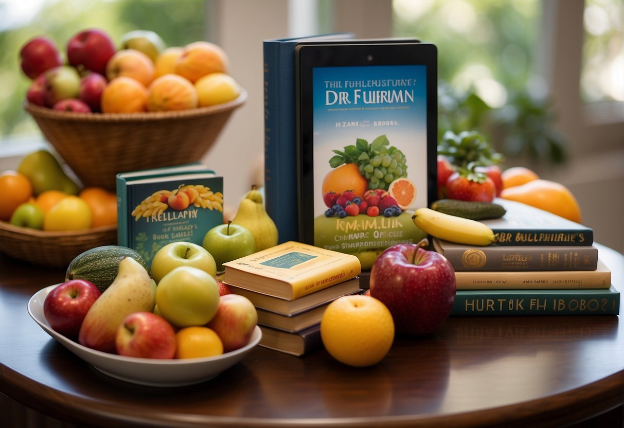 A table lined with Dr. Fuhrman's books, open to pages describing the 100 best foods for health and longevity. Surrounding the books are colorful fruits and vegetables, emphasizing the focus on healthy eating