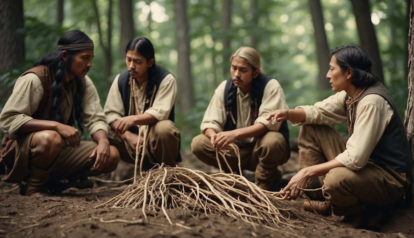 A group of early settlers trading ginseng roots with Native Americans, signifying its historical significance in early American commerce