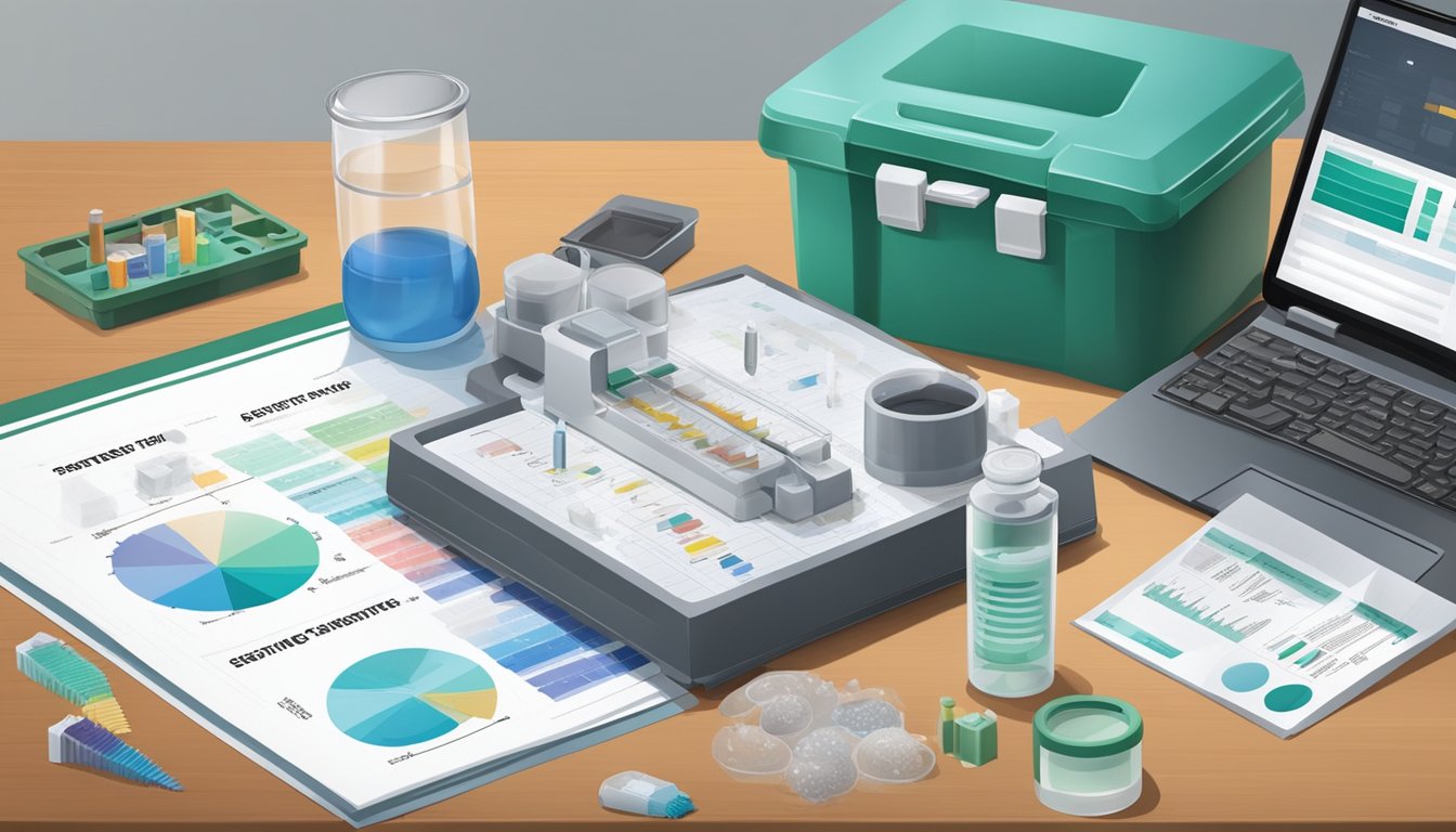 The scene shows a mold test kit next to a professional analysis report, with various mold samples and testing equipment in the background