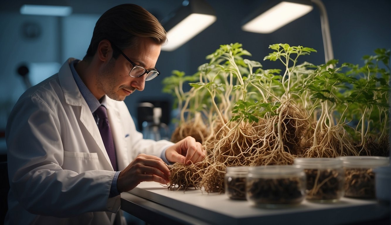 A scientist examines ginseng roots under a microscope, surrounded by research papers and studies on the herb