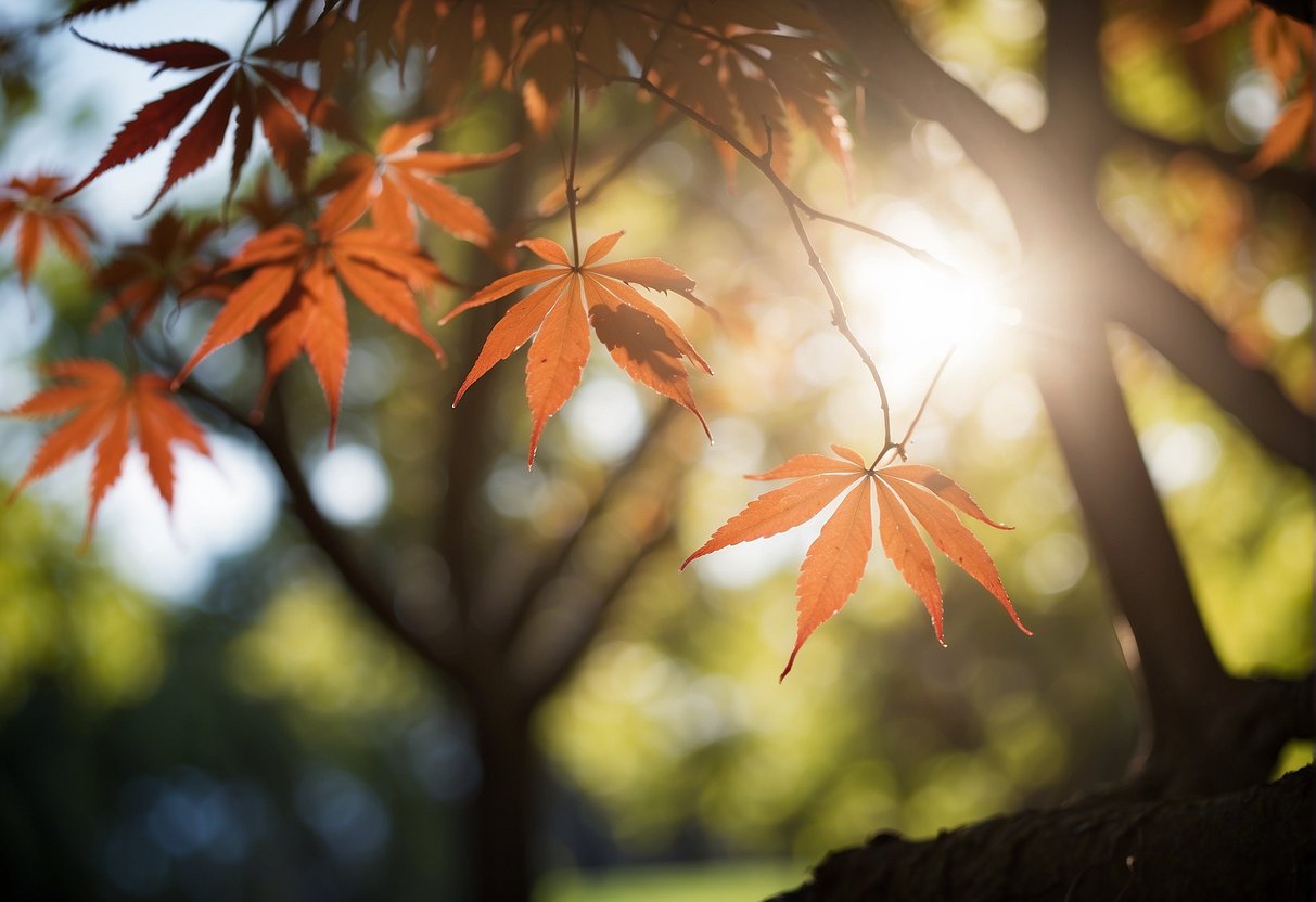 Sunlight filters through the branches of a Japanese maple tree as a gardener carefully spreads fertilizer around its base
