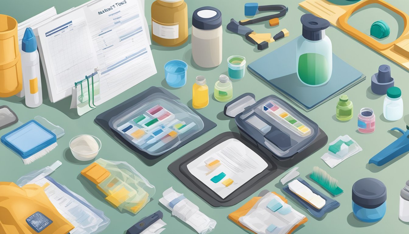 A mold test kit sits next to a professional analysis report. Both are surrounded by various prevention and remediation tools, such as cleaning supplies and protective gear