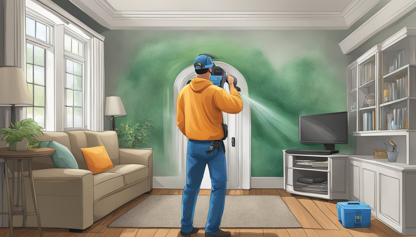 A mold detection professional uses advanced equipment to scan a home for hidden mold growth, complementing the homeowner's DIY efforts