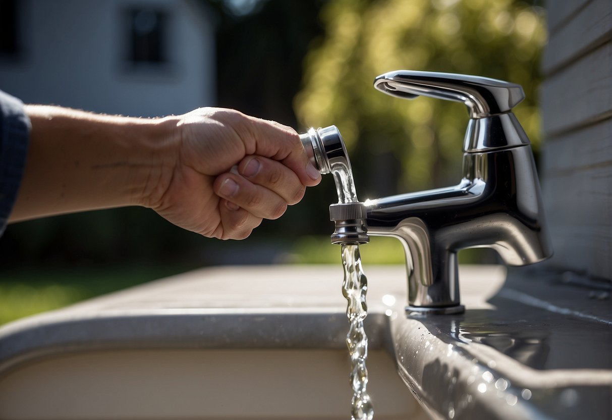 A faucet outside a house with a hose attached, water dripping from the connection. A person holding a wrench, tightening the faucet