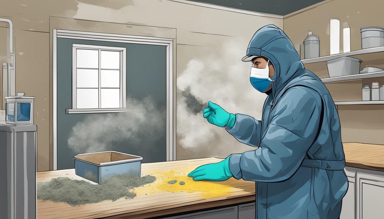 A dark, damp room with visible mold growth on walls and ceilings. A person wearing a mask and gloves tests the mold with a DIY kit