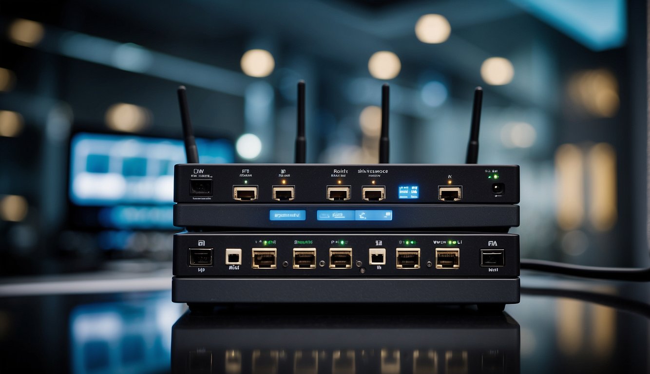 Multiple devices connected to a central router through Wi-Fi, exchanging data packets across the globe. Servers hosting websites and applications, facilitating user interaction