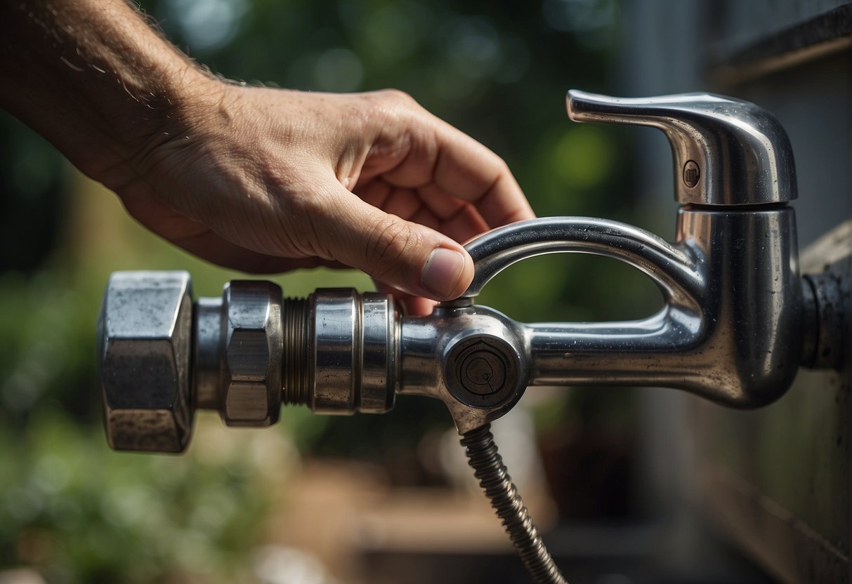 A hand holding a wrench turns the old faucet stem counterclockwise, removing it from the outdoor faucet