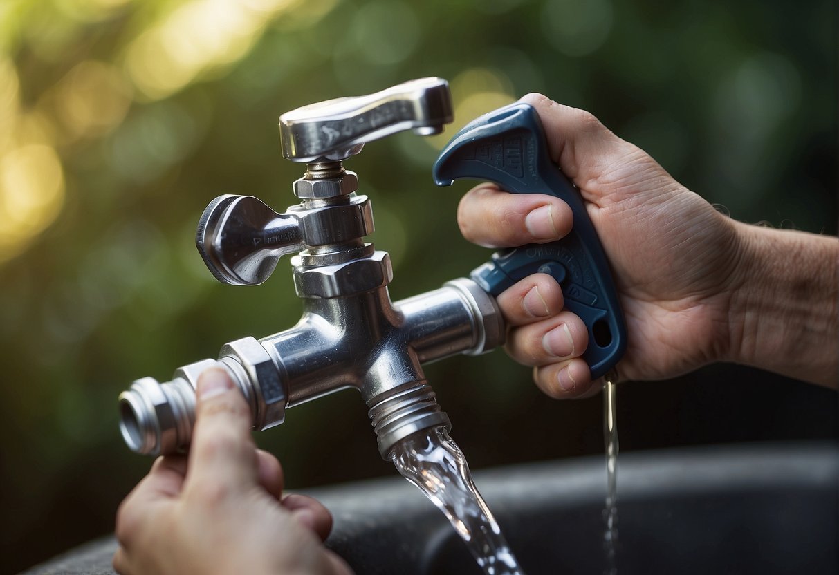 A hand holding a wrench tightens a new outdoor faucet stem onto a pipe, while water flows freely from the repaired fixture