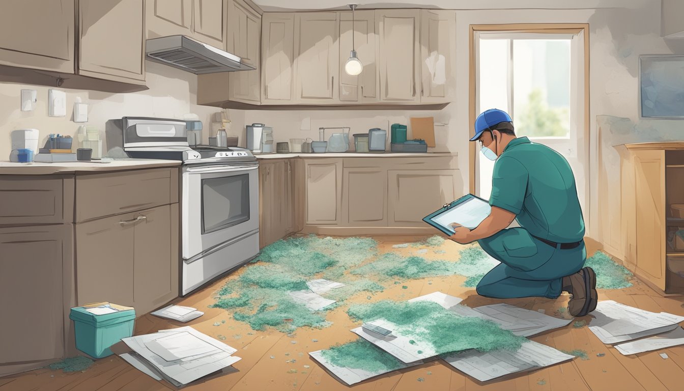 A cluttered home with mold test kits scattered on the floor. A professional inspector stands confidently, holding a clipboard and inspecting the mold-infested areas