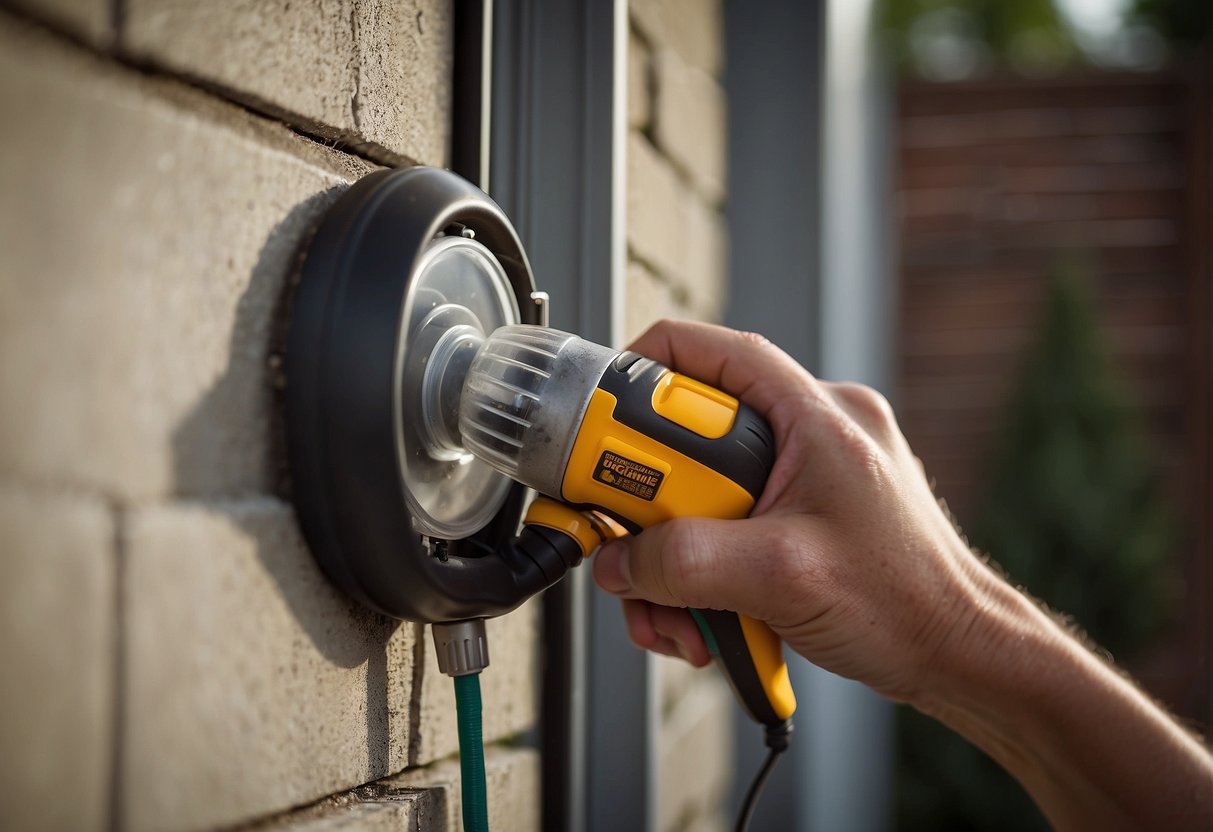 A person using a screwdriver to remove an old outdoor light fixture from a wall, with wires exposed and a new fixture ready to be installed