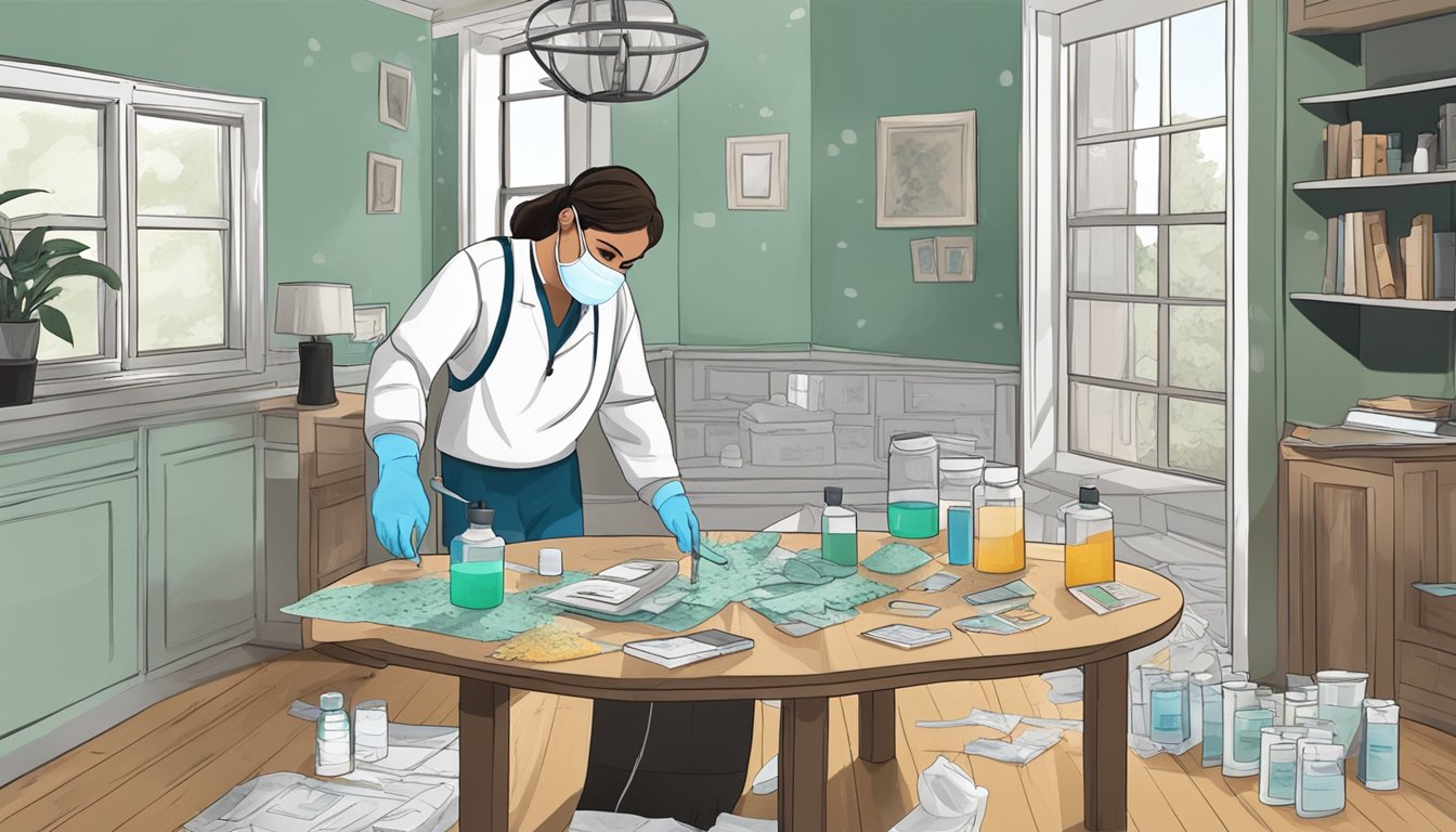 A home with mold test kits scattered on a table, a person wearing a mask while collecting samples