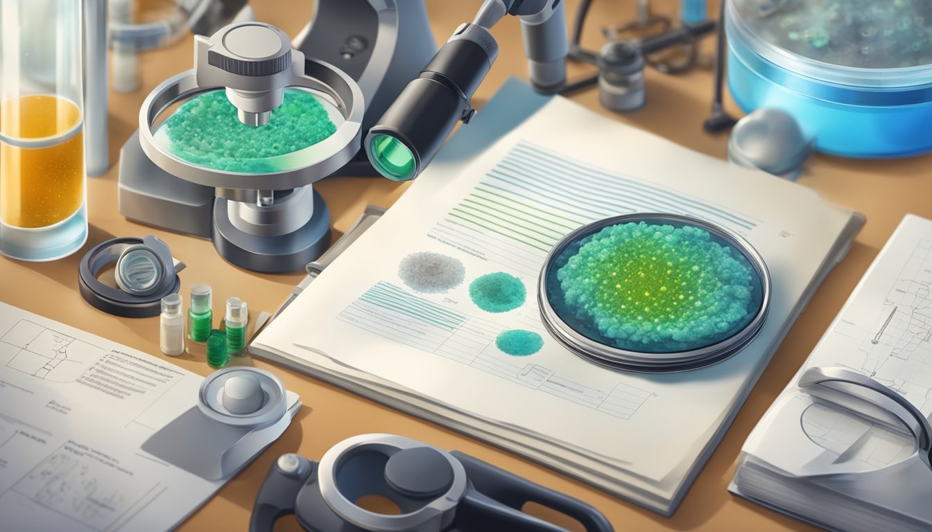 A microscope focused on mold spores on a petri dish, with testing equipment and scientific literature in the background