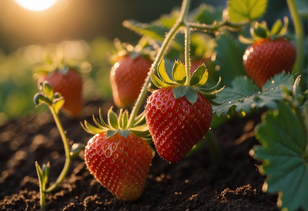 Sunset light illuminates a garden bed of everbearing strawberries. A hand sprinkles fertilizer around the plants, ensuring they receive proper nutrients for continuous fruit production