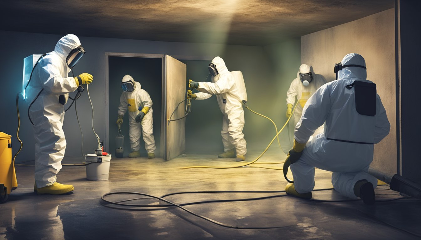 A professional mold remediation team in hazmat suits testing and removing mold from a damp, dark basement with specialized equipment