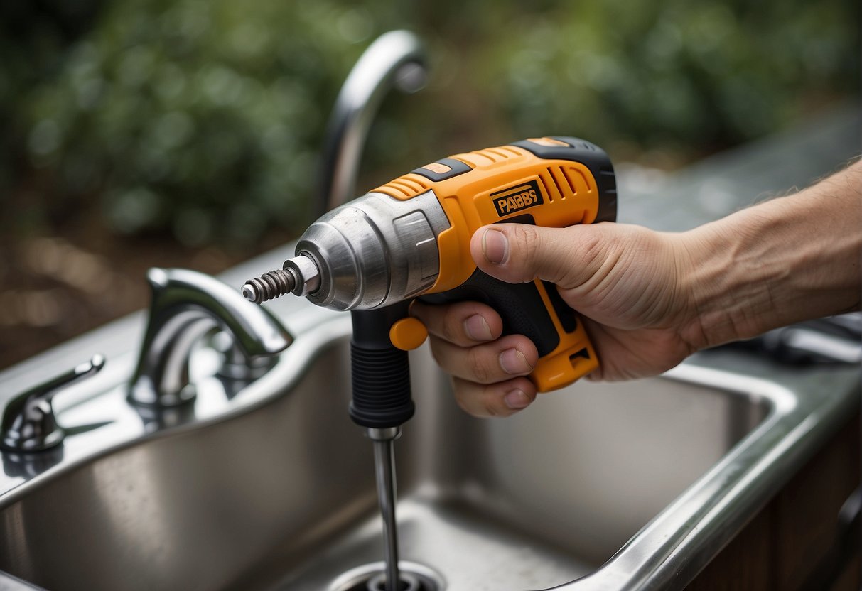 A hand holding a screwdriver removes the old outdoor faucet handle. A new handle is ready to be installed next to a wrench and a set of replacement parts