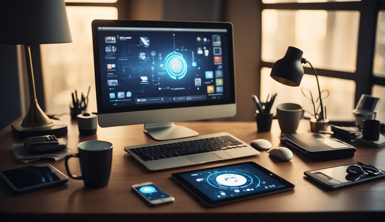 A desk with a computer, tablet, and smartphone surrounded by various software icons and tools