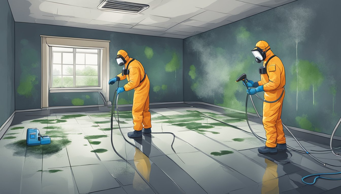 A damp, dark room with visible mold growth on walls and ceiling. A professional mold remediation team in protective gear conducting thorough testing and treatment