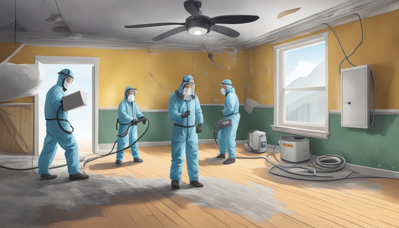 A water-damaged room with visible mold growth on walls and ceiling. Dehumidifiers and fans running to dry the space, while professionals in protective gear assess and remediate the damage