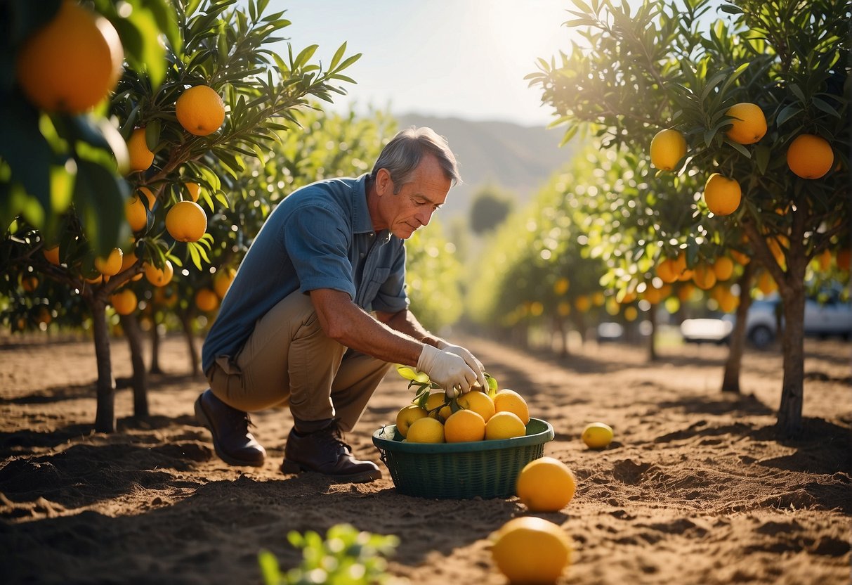 A person fertilizes a citrus tree in a sunny California orchard