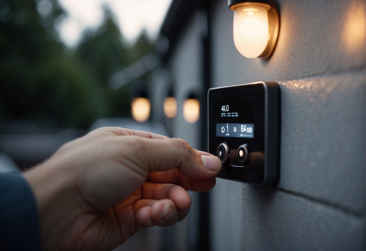 A hand reaches for a small button on an outdoor light timer, pressing it to reset the device