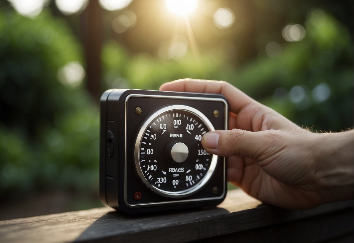 A hand reaches for the outdoor light timer, pressing the reset button. The timer's display flashes, then returns to the default settings