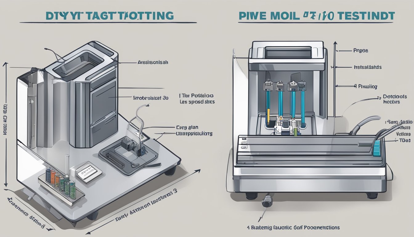 A table with two sets of mold testing kits, one labeled "DIY" and the other "Professional." The DIY kit is simple with basic instructions, while the professional kit includes advanced equipment and detailed instructions