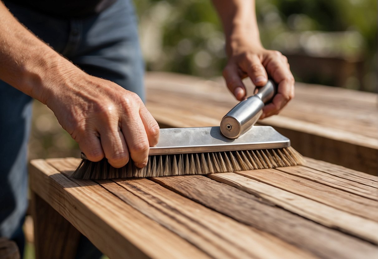 A person applying a clear protective finish to weathered outdoor wood furniture, using a brush or cloth to evenly coat the surface