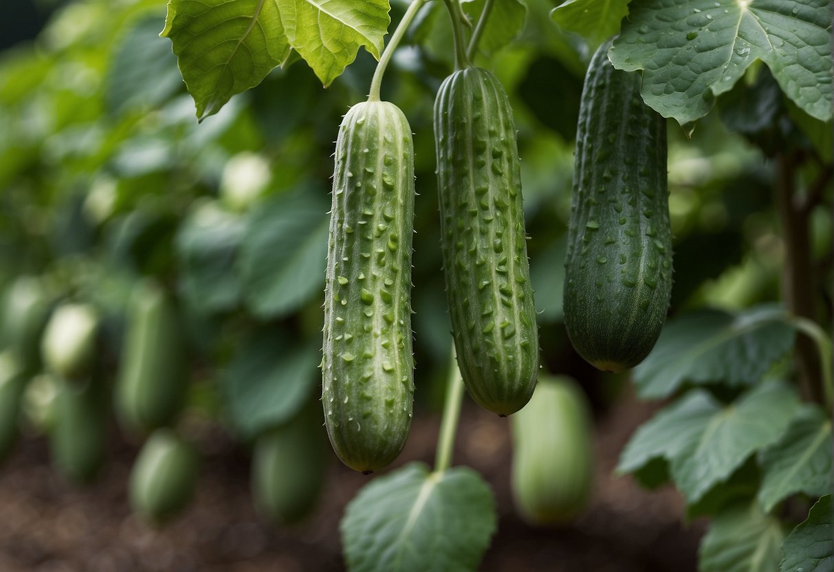 Ripe English cucumbers hang from the vine, showing vibrant green color and firm texture. The leaves are lush and healthy, indicating readiness for picking
