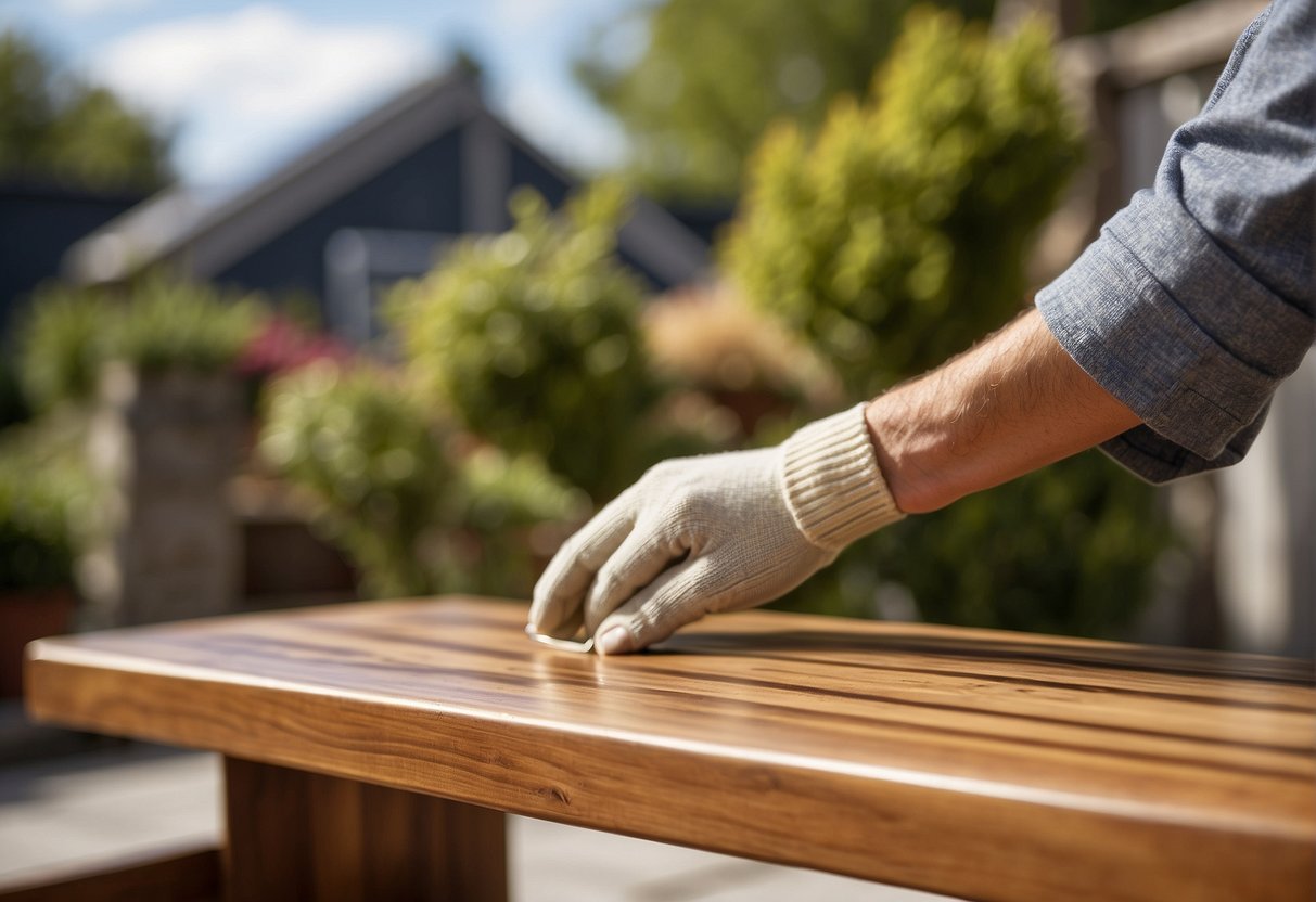 A person applies teak sealer to weathered outdoor furniture, restoring its natural beauty and protecting it from the elements