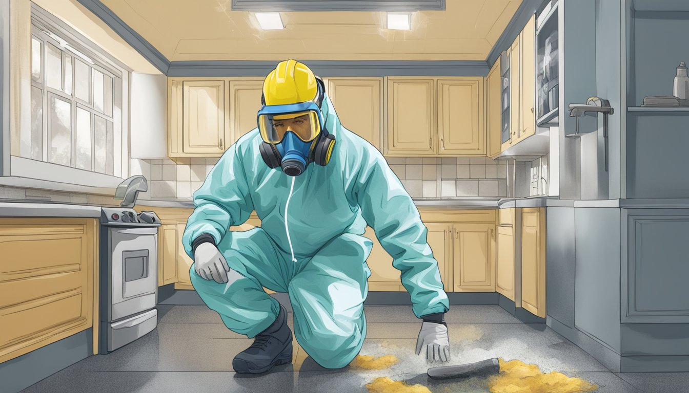 A person in protective gear inspects a mold-infested area with a DIY test kit. They consider seeking professional advice for health and safety concerns