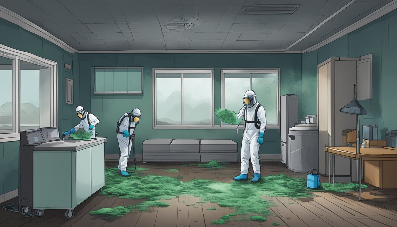 A dark, damp room with visible mold growth on walls and ceilings. Dehumidifiers and air purifiers are running, and professionals in protective gear are assessing the extent of the mold problem