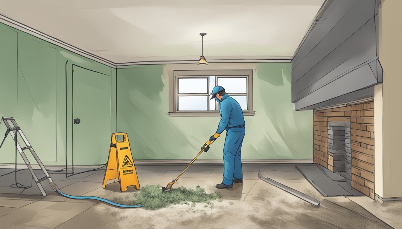 A professional mold inspector uses tools to examine a damp, musty basement, checking for mold growth on walls, ceilings, and floors
