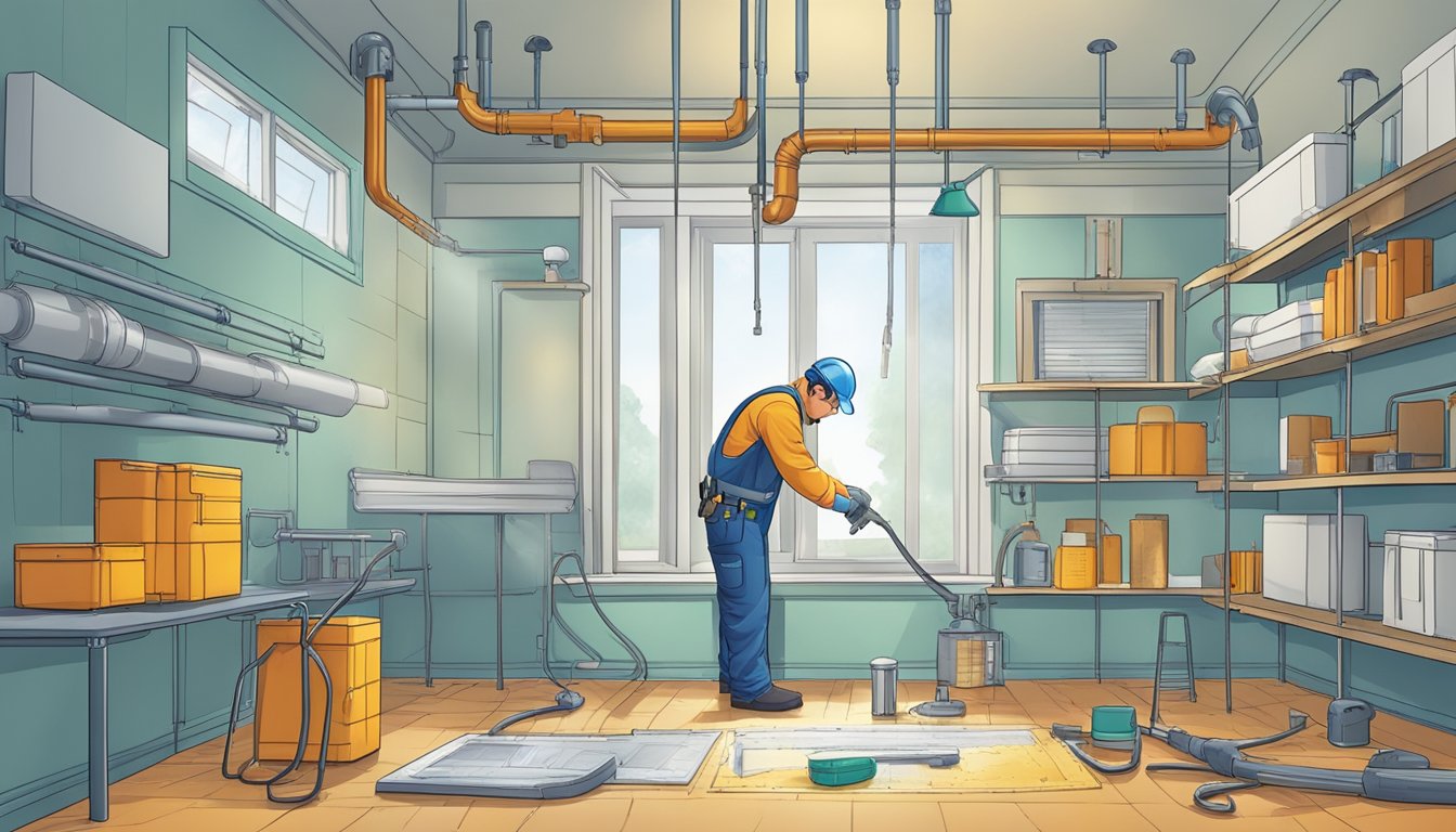 A professional mold inspector uses tools to identify and address moisture sources in a building, such as inspecting pipes and checking for leaks