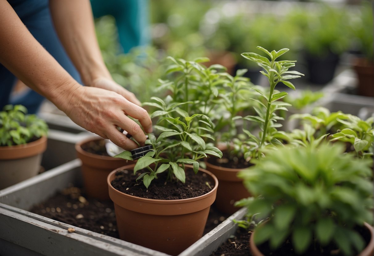 Healthy and vibrant outdoor plants being carefully selected and nurtured, while wilting and dying plants are being revived and saved