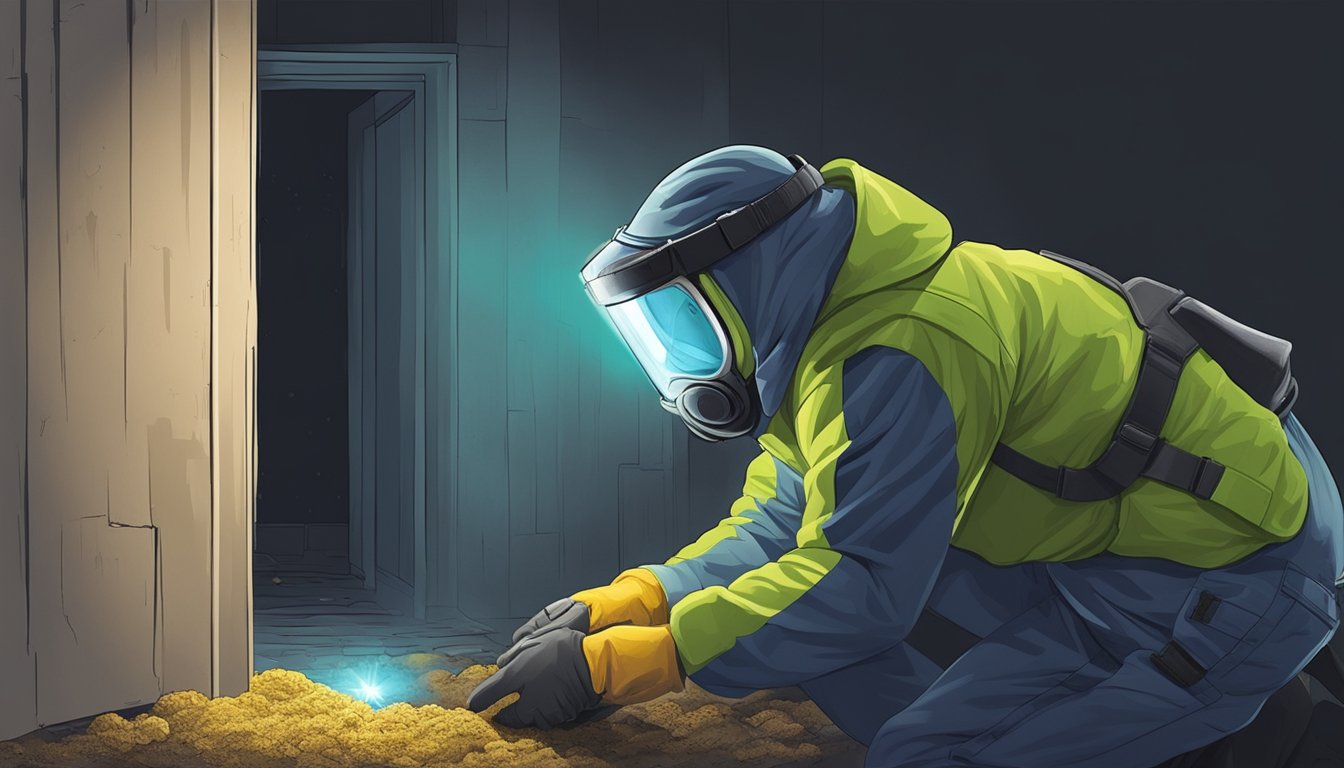 A professional mold inspector wearing protective gear examines a hidden corner of a damp, dark basement with a flashlight, uncovering hidden mold growth behind the surface