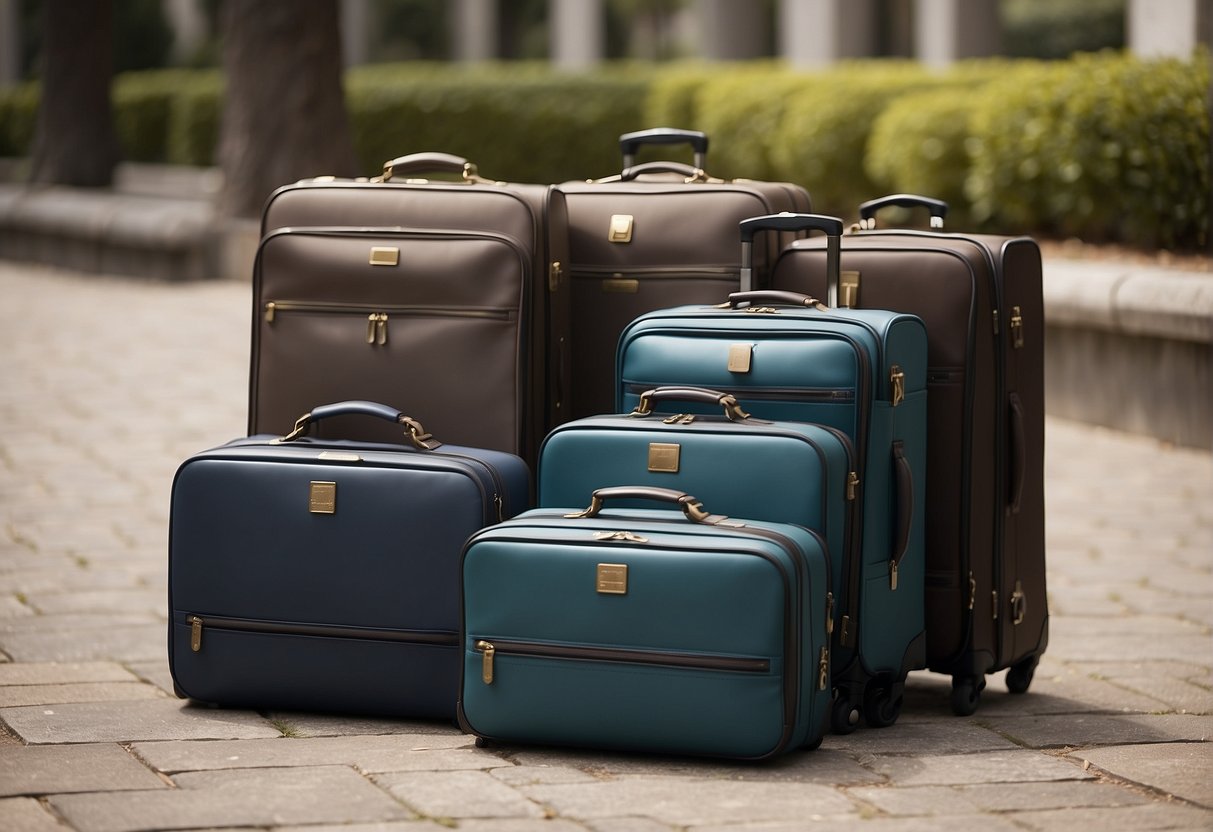 Four suitcases arranged neatly on the ground, each representing a family member, with varying sizes and colors to indicate individual belongings