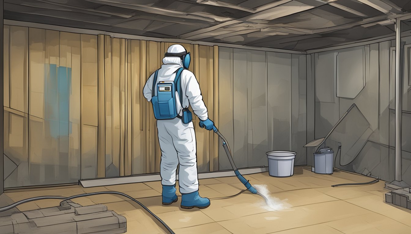 A professional mold inspector wearing protective gear examines a damp, musty-smelling basement. They use specialized equipment to test for hidden mold growth in hard-to-reach areas