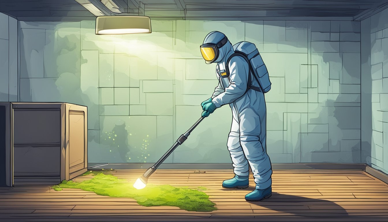 A mold inspector in a protective suit examines a damp, dark basement with a flashlight, uncovering hidden mold growth behind walls and under flooring