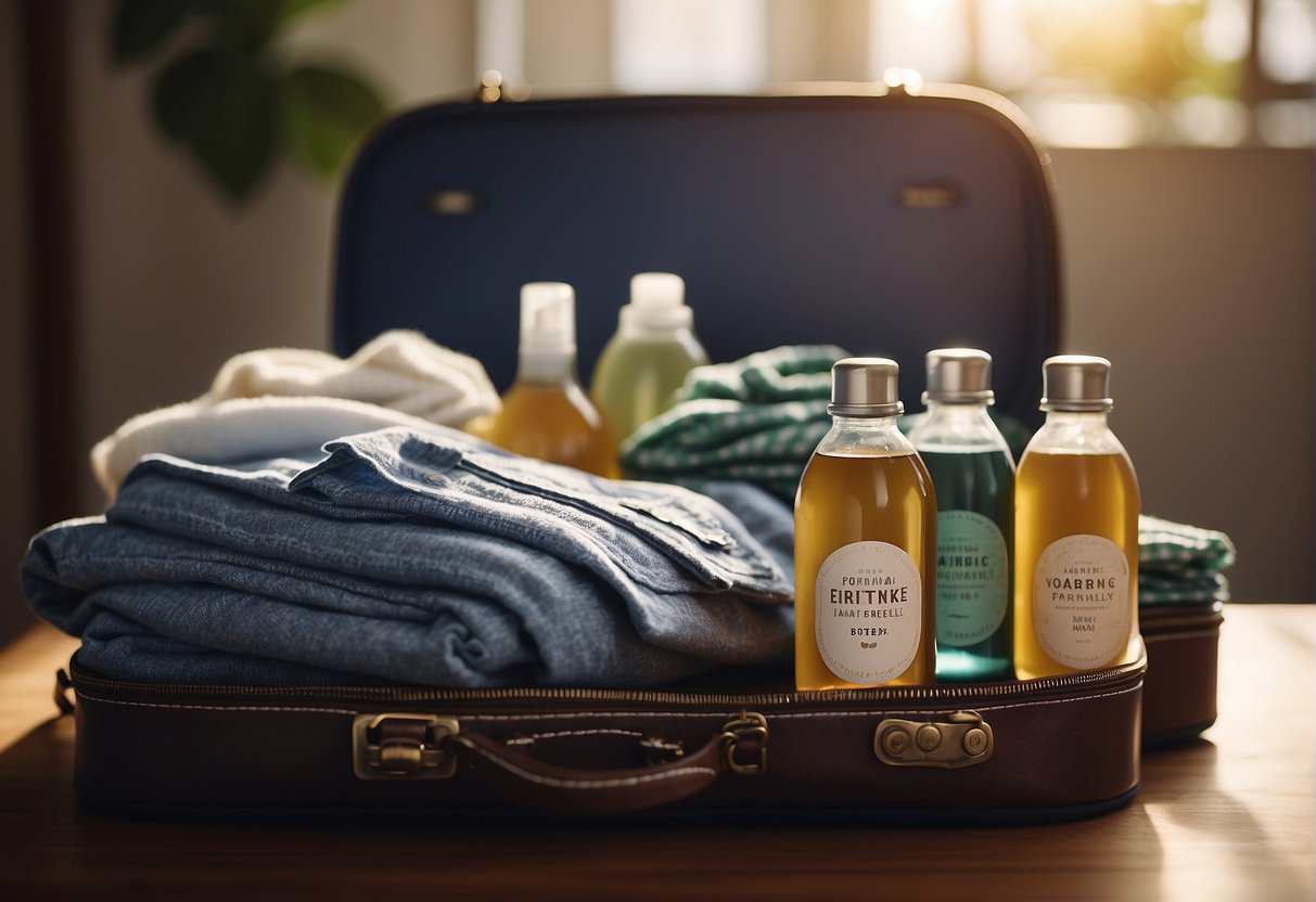 A family's laundry neatly folded in suitcases, with a bottle of fabric freshener nearby