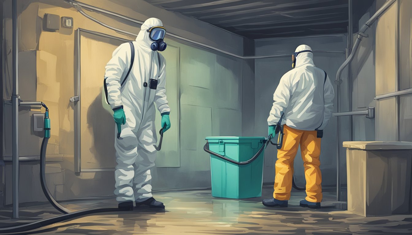 A professional mold inspector in protective gear examines a damp, musty basement. They use specialized equipment to test for hidden mold and assess potential health and liability risks