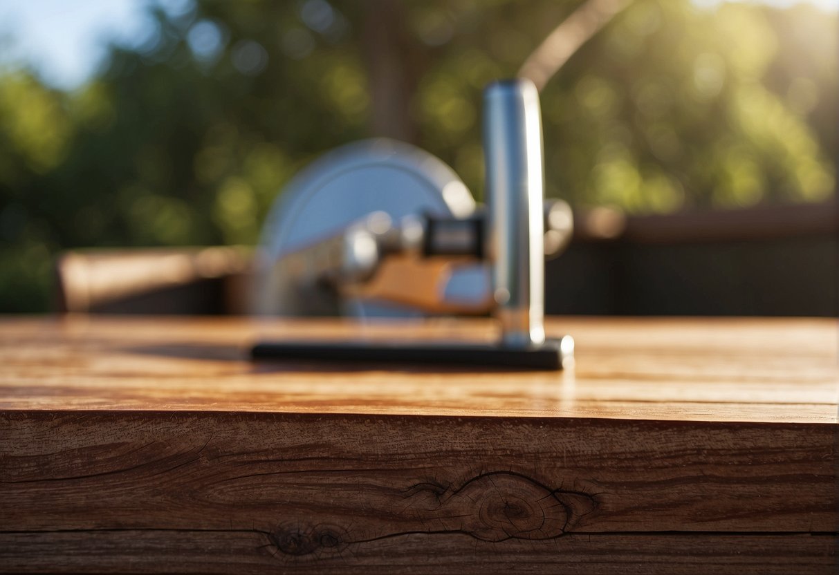 A redwood board is being treated with a protective sealant in an outdoor setting. The wood is being carefully coated to ensure durability against the elements