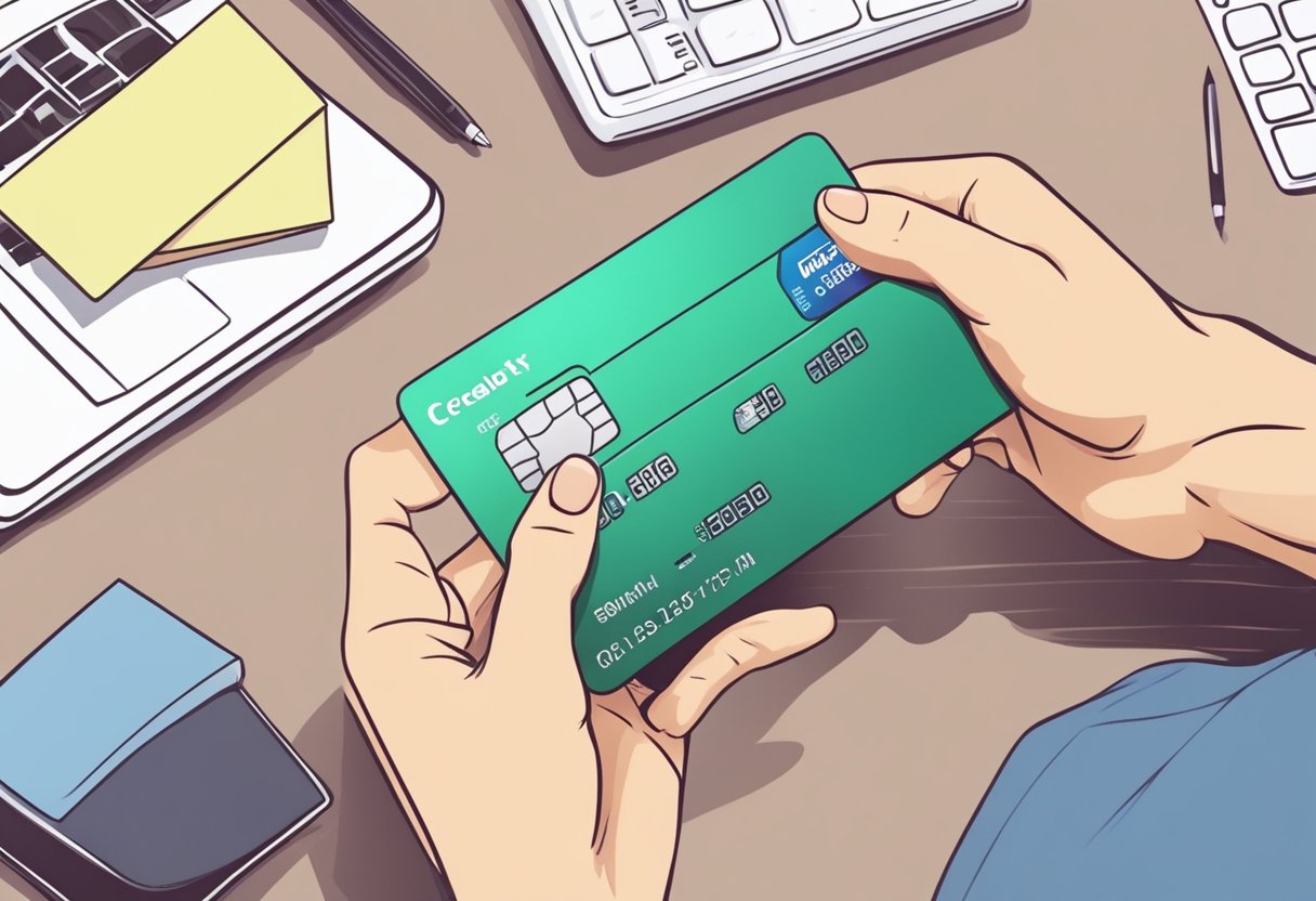 A person carefully using a credit card for budgeted expenses, while avoiding unnecessary purchases