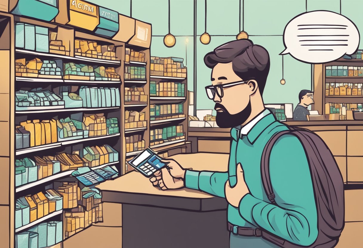 A person swiping a credit card at a store, with a thought bubble showing them thinking about budgeting and financial responsibility