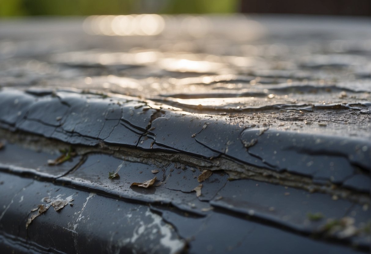 A vinyl surface exposed to outdoor elements over time, showing signs of wear and degradation, with sealant peeling and cracking