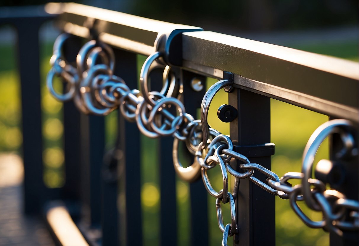 Outdoor furniture arranged in a secure, strategic layout with locks and chains to prevent theft