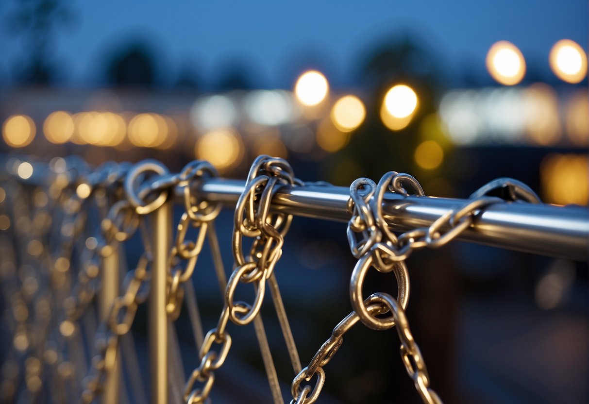 Outdoor furniture secured with heavy-duty locks and chains, surrounded by motion-activated lights and CCTV cameras. Fence topped with barbed wire