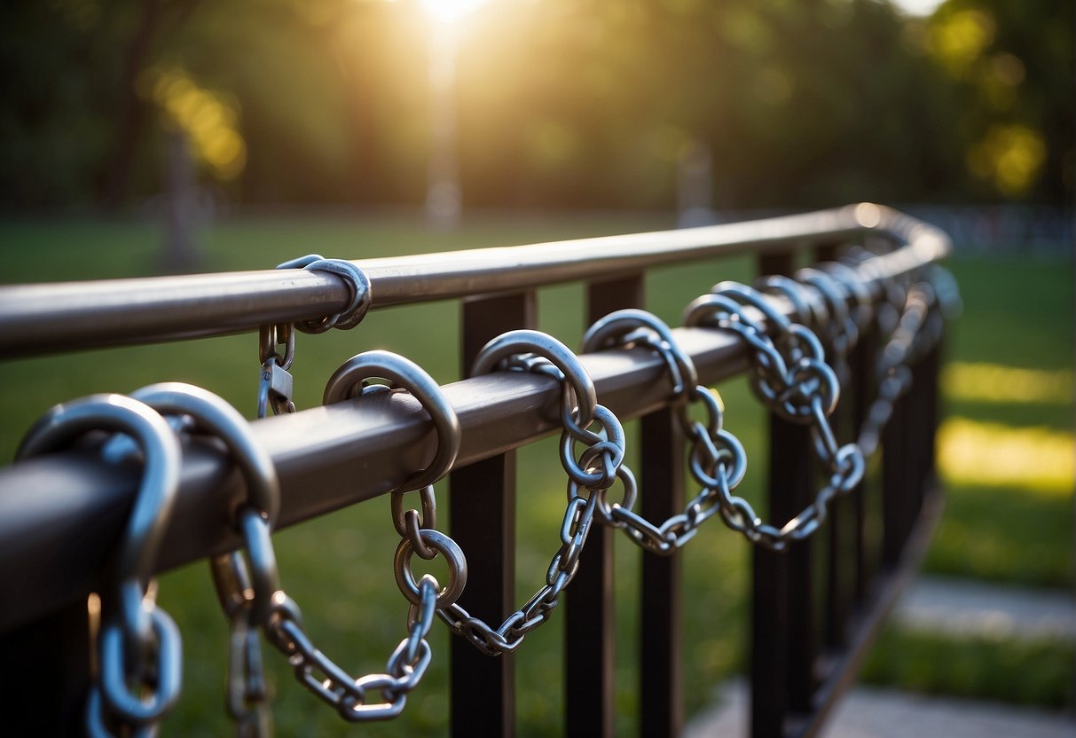 Outdoor furniture locked with chains, secured with padlocks. Security alarms installed nearby, motion sensors covering the area